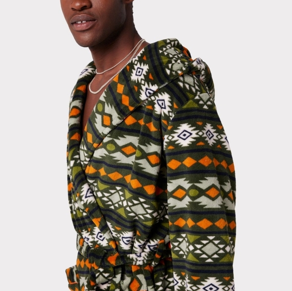 Fleece Green Aztec Print Hooded Dressing Gown - Picture 1 of 4
